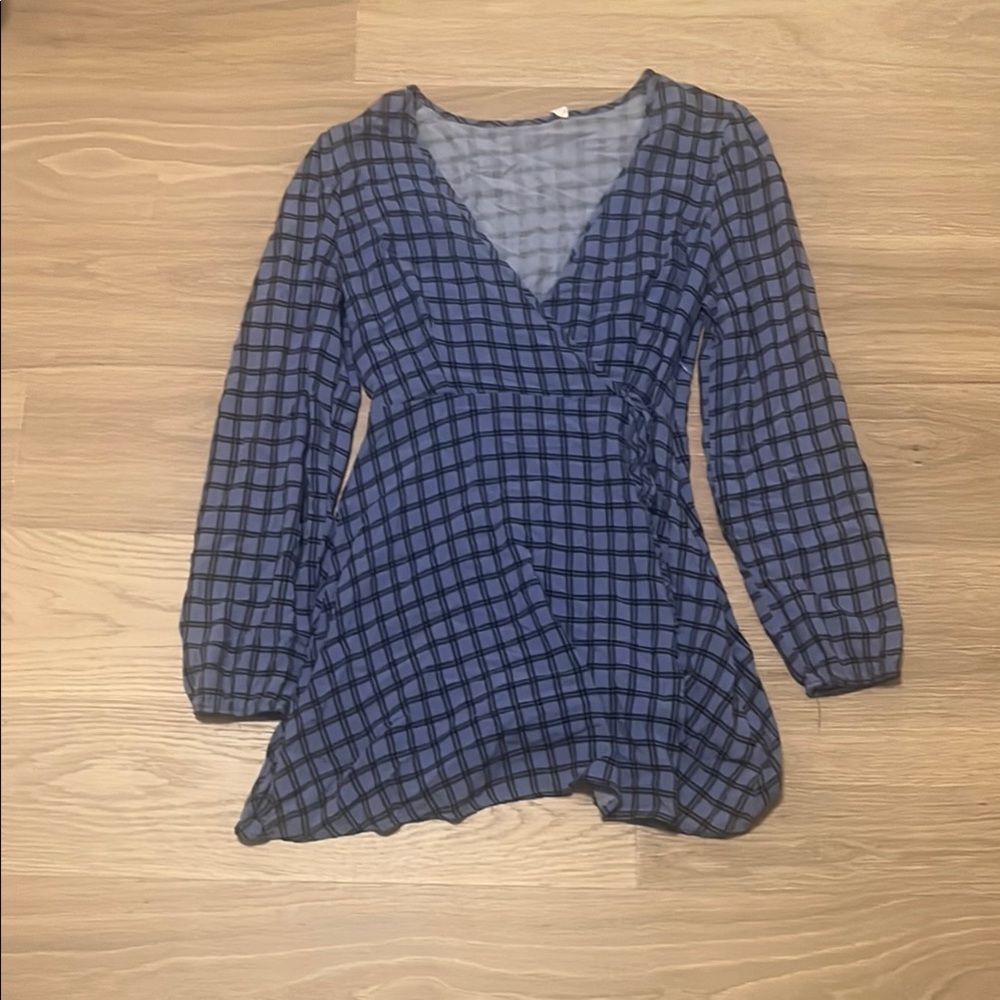 La Hearts Blue Plaid Long Sleeve Dress